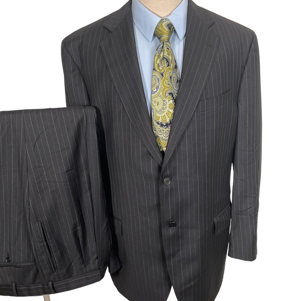 Lubiam Suit Mens 46L 36W‎ 33L Gray White Pinstripe Business Career Formal Wool